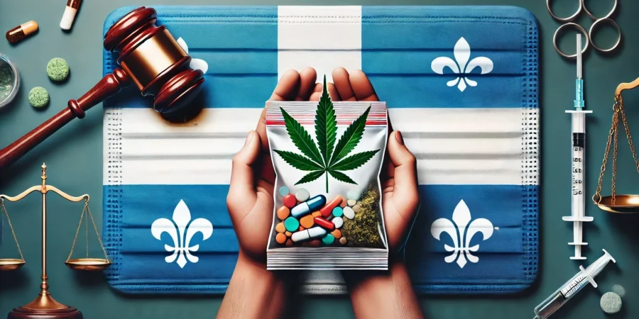 A wide rectangular image for a blog cover about drug possession laws in Quebec. The image shows the Quebec flag in the background. The overall tone is